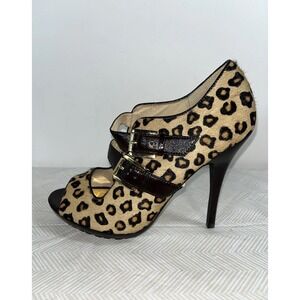 MICHAEL KORS Leopard Print Calf Hair Booties Sz 7.5M Mary Jane Open Toe Pumps